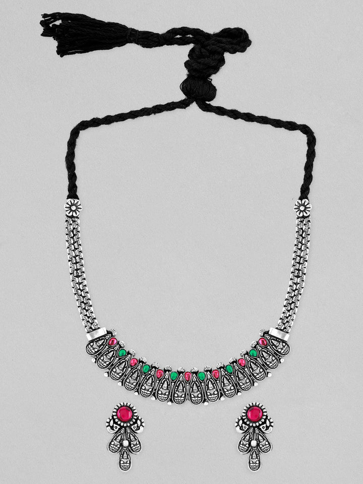 Rubans Silver Plated Oxidised Necklace Set With Red And Green Colour Stone. Necklace Set