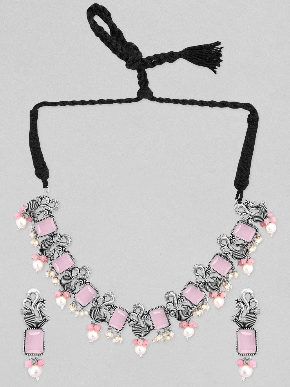 Rubans Silver-Plated Oxidised Pink Stone & Pearls Studded Necklace Set Necklace Set