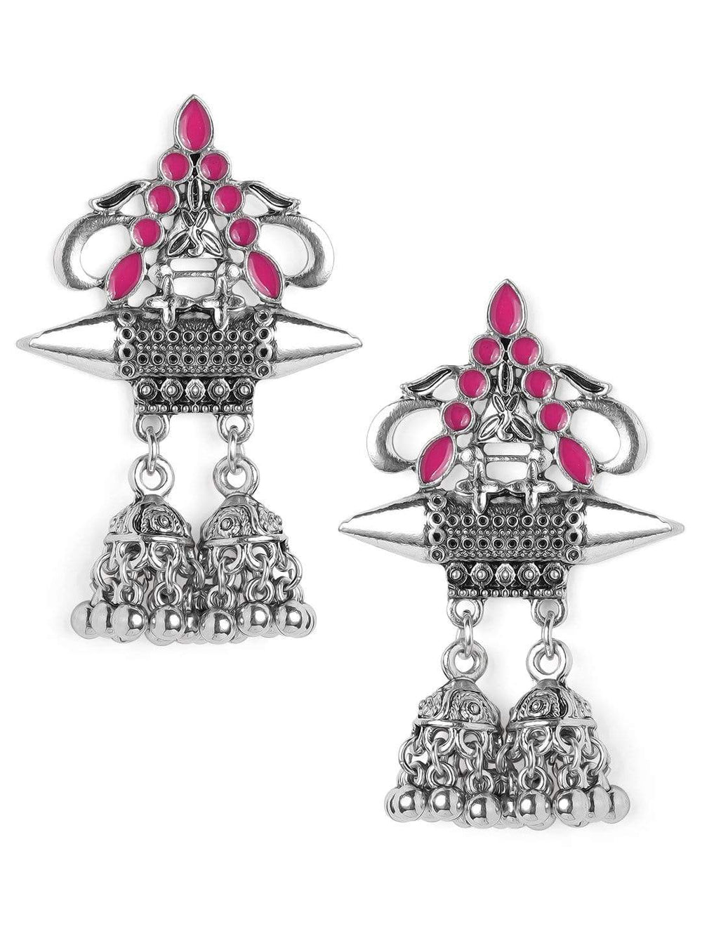 Rubans Silver Plated Pink  Enamel Handpainted  Multi Jhumka Drop Earrings Earrings