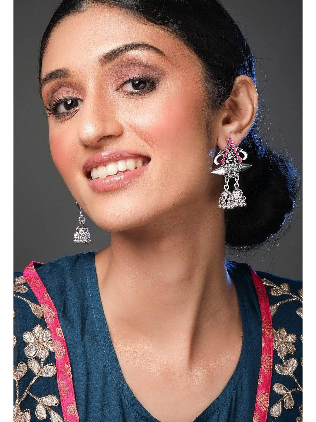 Rubans Silver Plated Pink  Enamel Handpainted  Multi Jhumka Drop Earrings Earrings