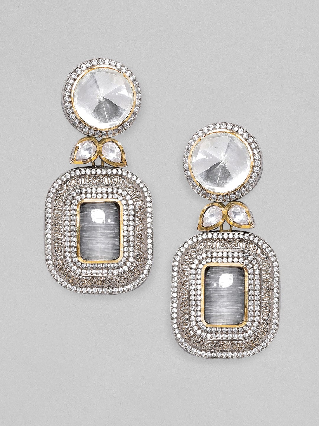 Rubans Silver Plated Polki Drop Earrings With Grey Stone, Kundan And AD Earrings