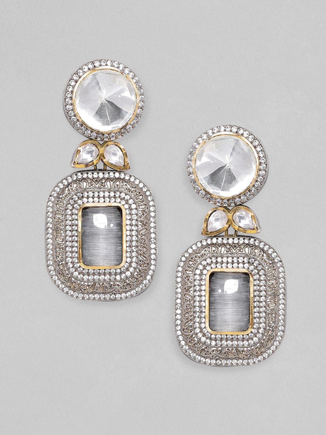 rubans silver plated polki drop earrings with grey stone kundan and ad earrings