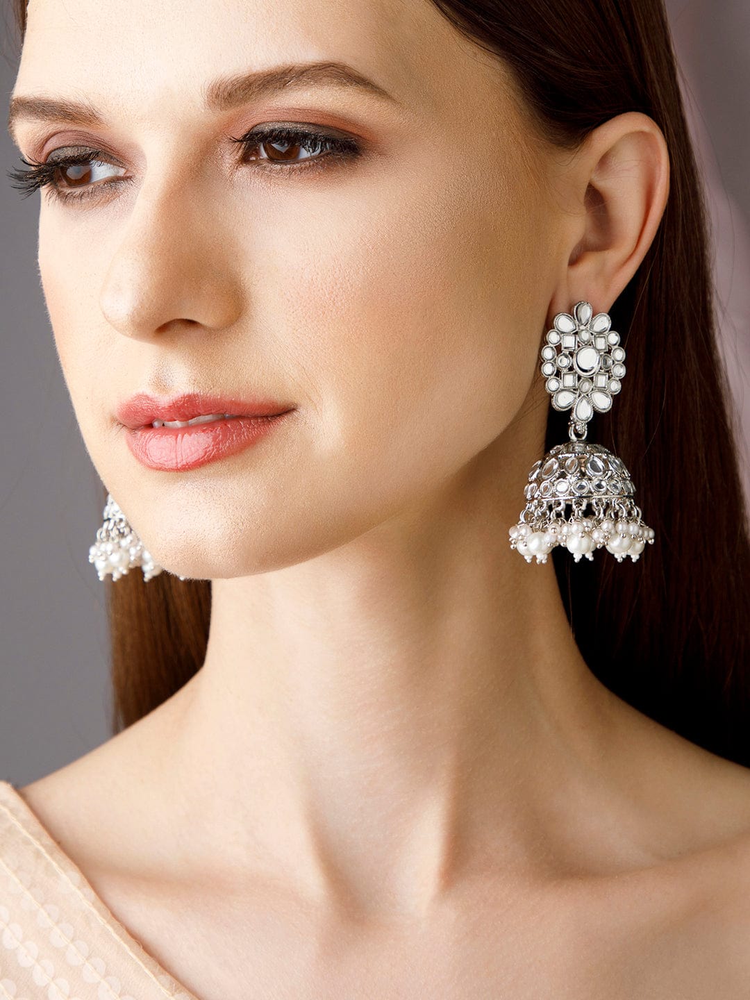 Rubans Silver Plated Silver Jhumki Earrings Studded With Mirror Design Earrings