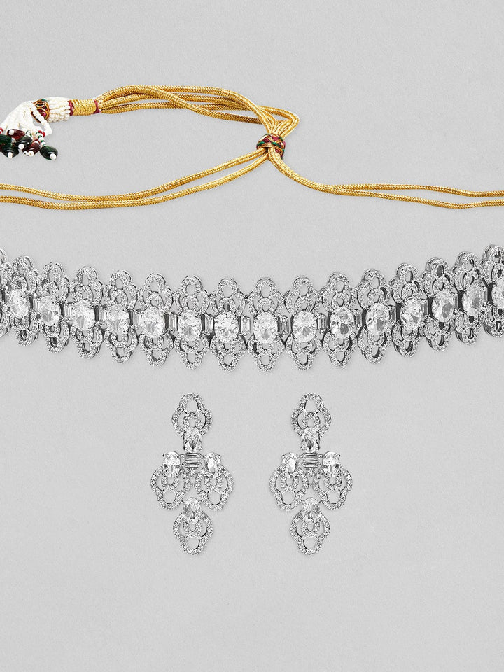 Rubans Silver-Plated White AD Studded Jewellery Set Necklace Set