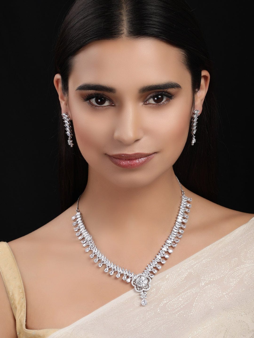 Rubans Silver-Plated White CZ Studded Handcrafted Jewellery Set Necklace Set