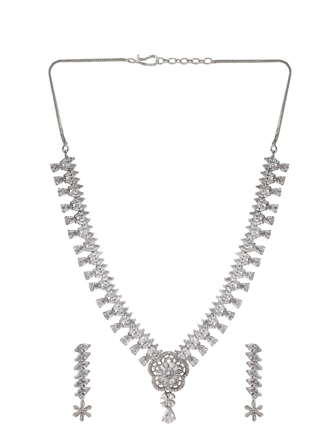 Rubans Silver-Plated White CZ Studded Handcrafted Jewellery Set Necklace Set