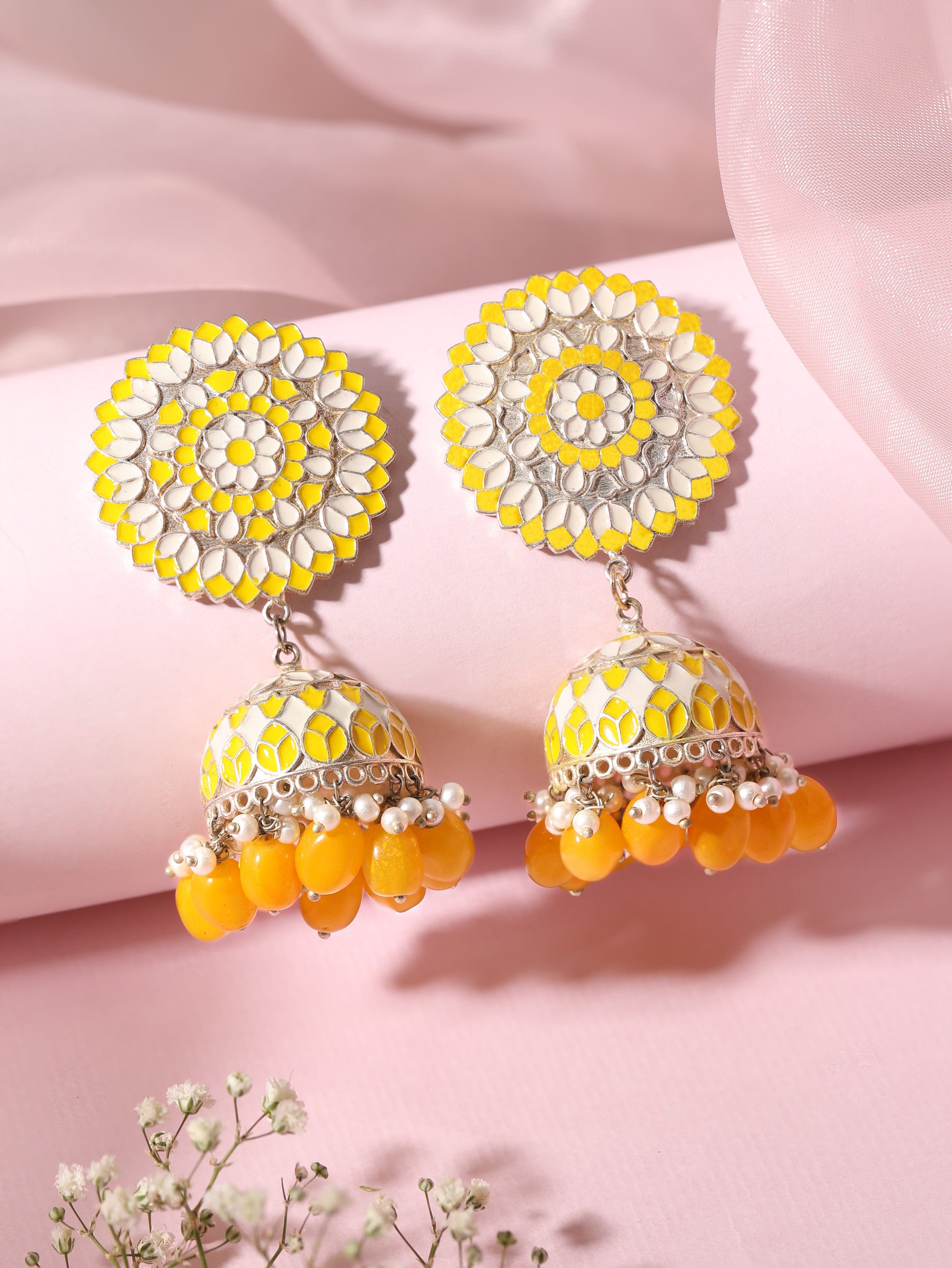 Buy Yellow Colour Fancy JhumkaJhumki Earrings  Bridal Earrings For Women   Girls Designer Earrings Online  Anuradha Art Jewellery