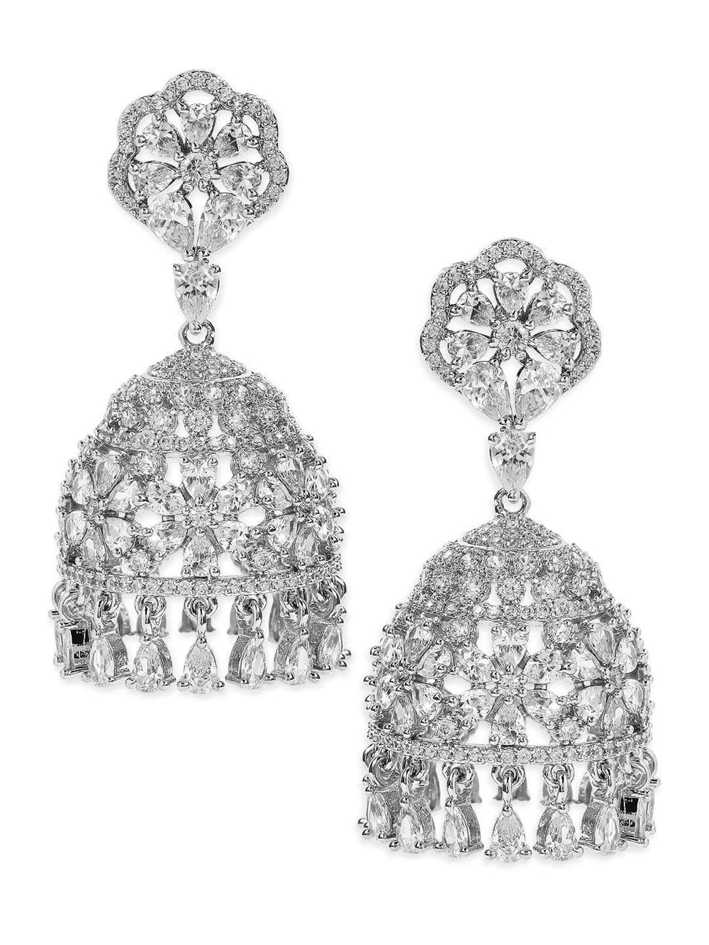 Rubans Silver Plated Zirconia Stone Studded Handcrafted Jhumka Earrings. Earrings