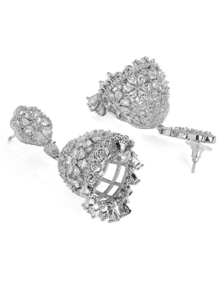 Rubans Silver Plated Zirconia Stone Studded Handcrafted Jhumka Earrings. Earrings