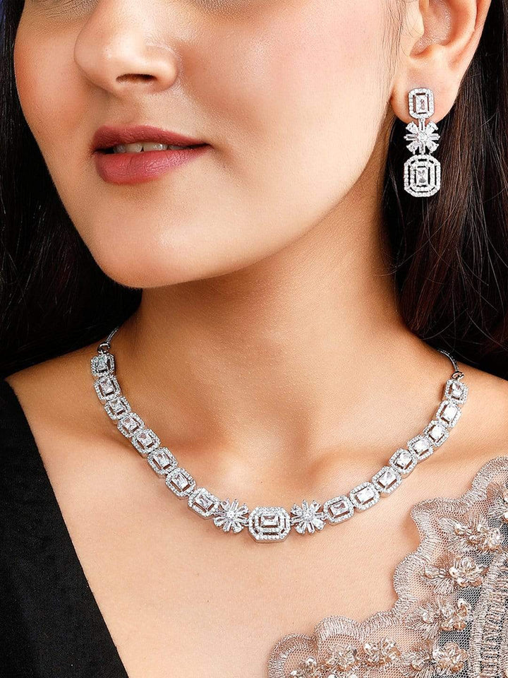 Rubans Silver Plated Zirconia Stone Studded Handcrafted Necklace Set. Necklace Set