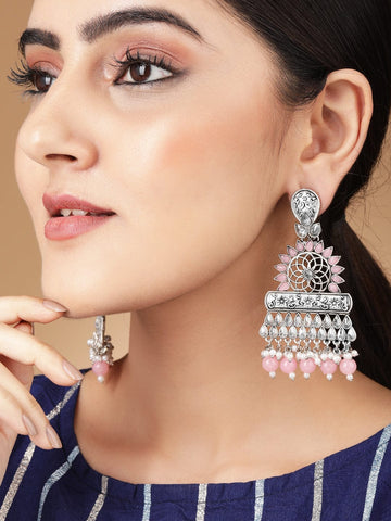 Rubans Silver Toned Contemprory Dropped Earrings with Pink Beads Earrings