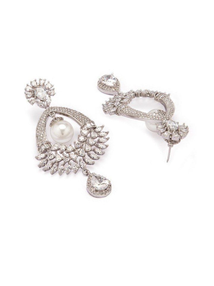 Rubans Silver Toned Elegant CZ Studded Pearl Drop  Earrings Earrings