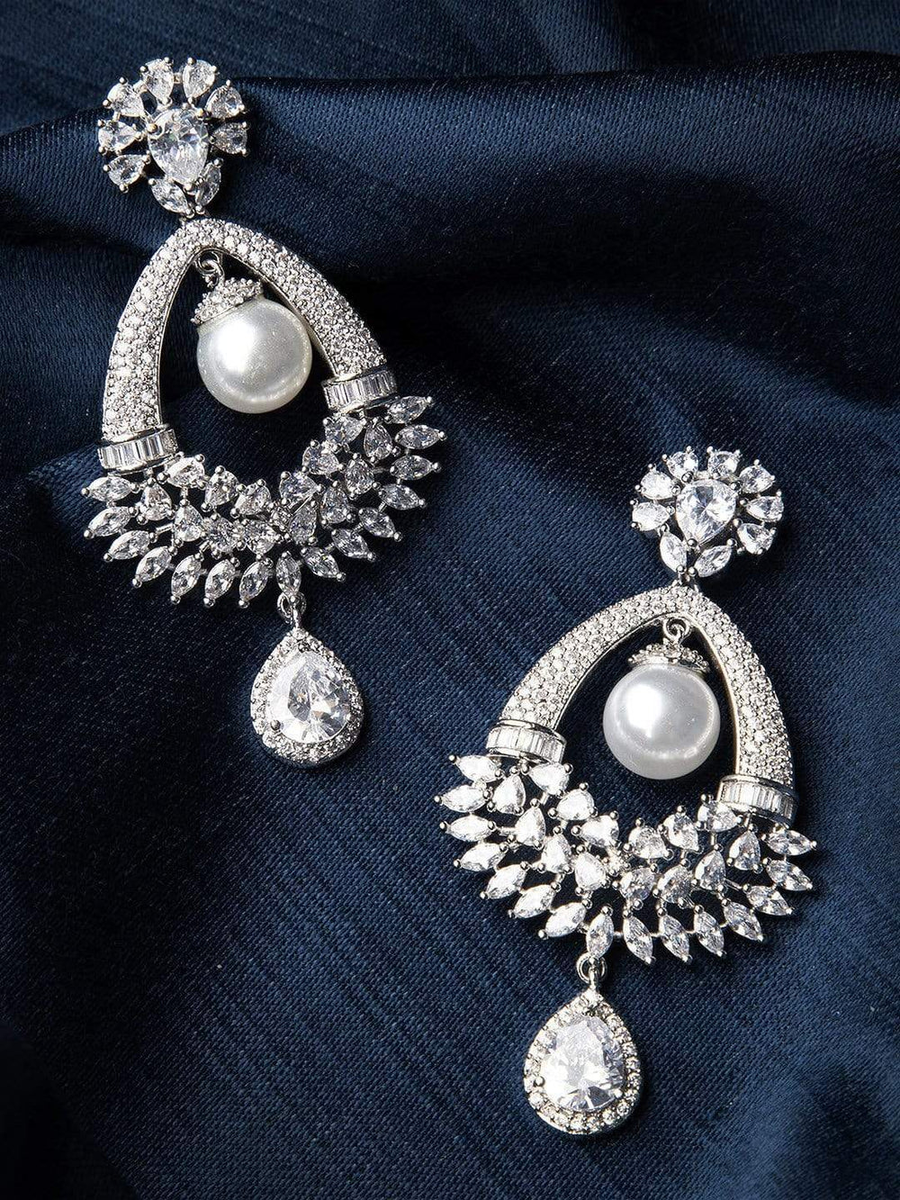 Rubans Silver Toned Elegant CZ Studded Pearl Drop  Earrings Earrings