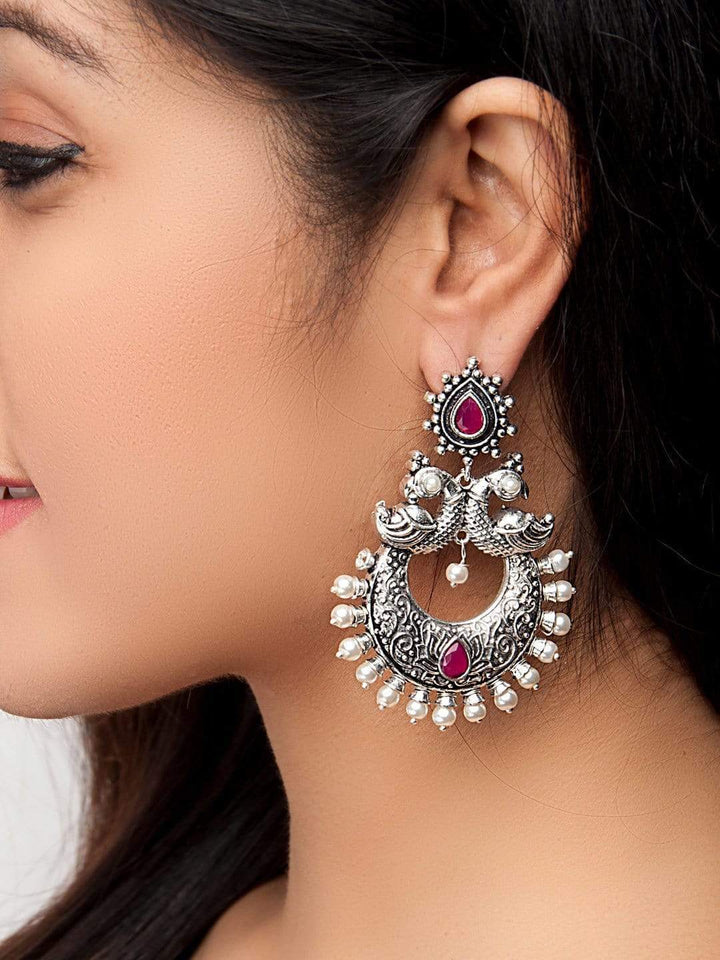 Rubans Silver Toned Faux Ruby Studded Oxidised Peacock Chandbali Earrings Earrings