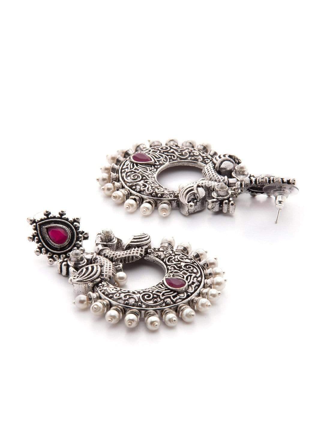 Rubans Silver Toned Faux Ruby Studded Oxidised Peacock Chandbali Earrings Earrings