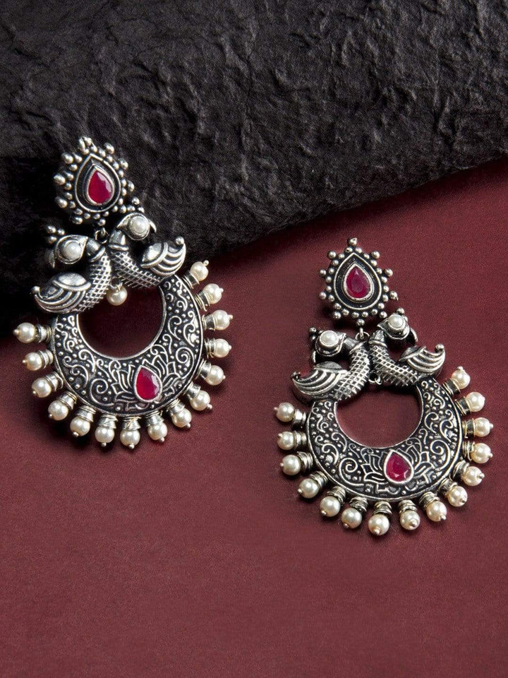 Rubans Silver Toned Faux Ruby Studded Oxidised Peacock Chandbali Earrings Earrings