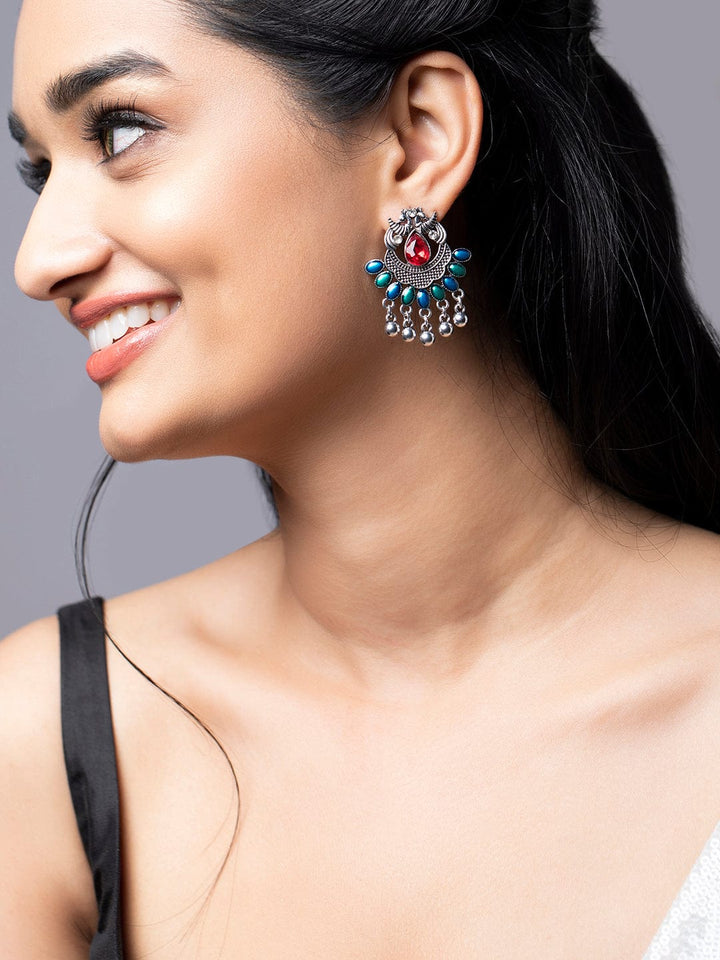 Rubans Silver Toned Green-Blue and Red Chandbalis Earrings