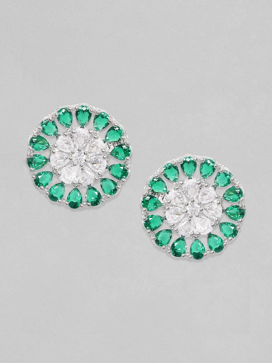 Rubans Silver-Toned  Green Circular Studs Earrings Earrings