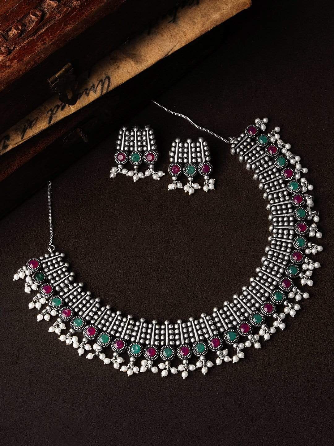 Rubans Silver Toned Handcrafted Oxidised Faux Ruby Statement Necklace Set Necklace Set