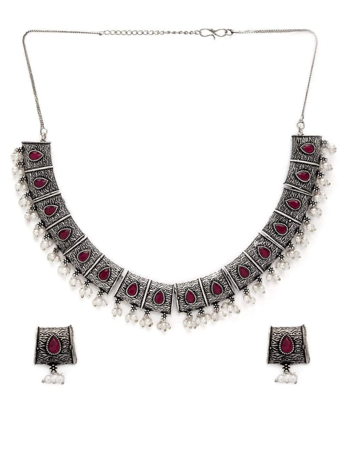 Rubans Silver Toned Handcrafted Oxidised Statement Necklace Set Necklace Set