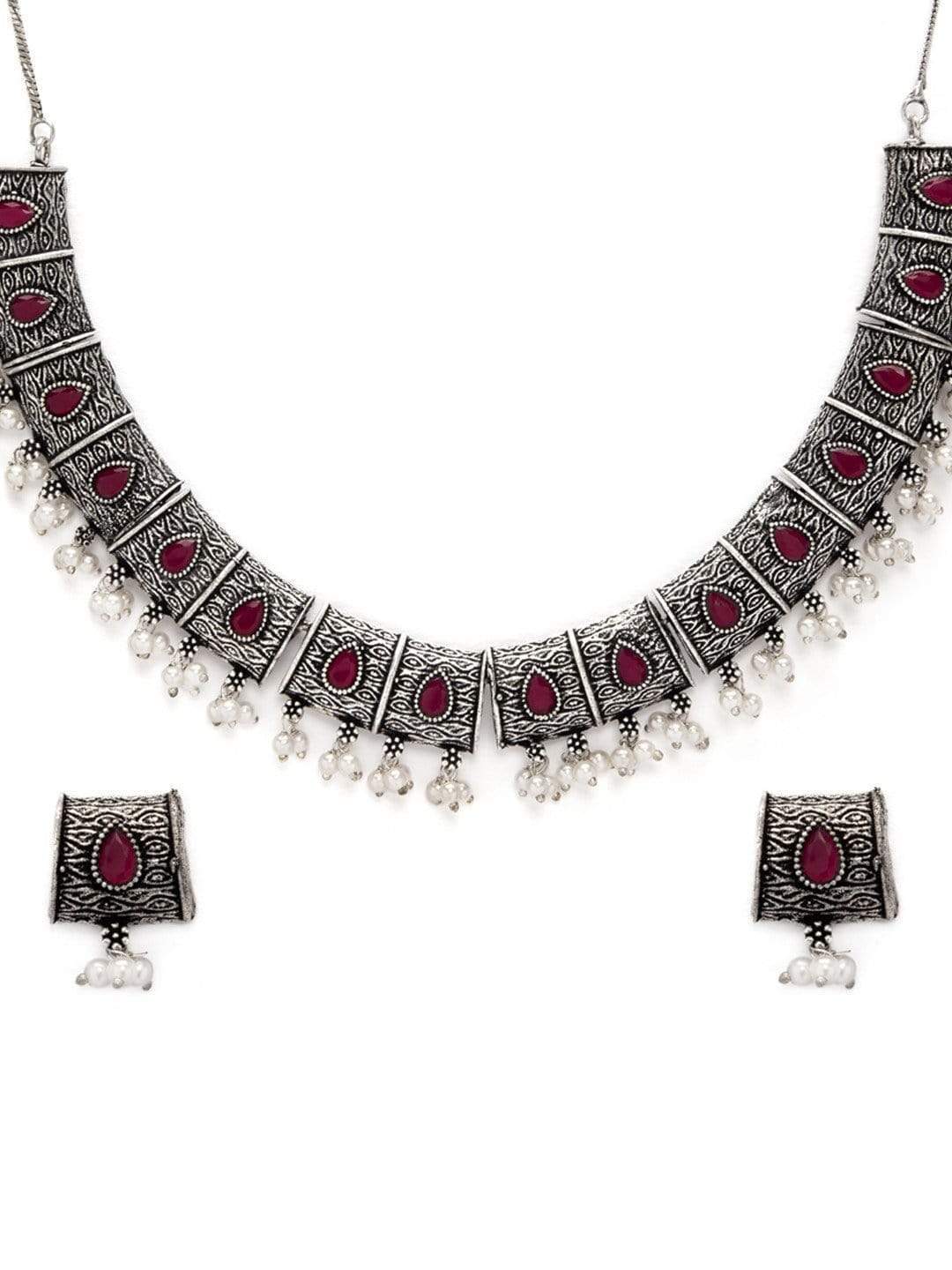 Rubans Silver Toned Handcrafted Oxidised Statement Necklace Set Necklace Set