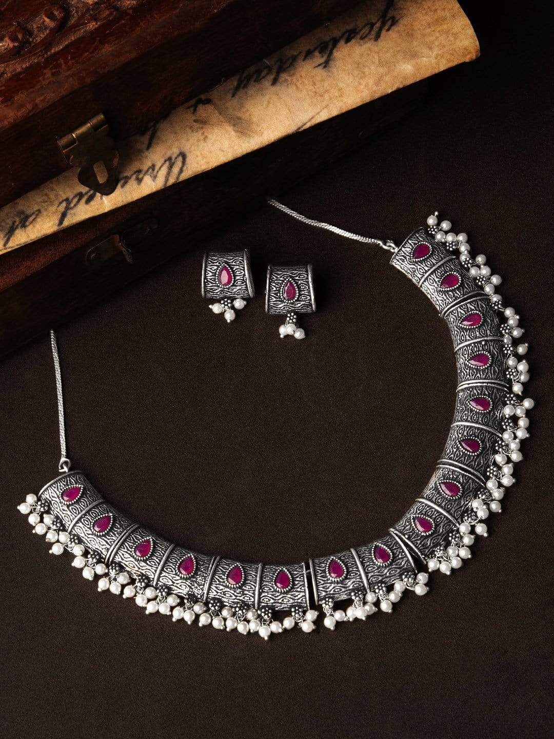 Rubans Silver Toned Handcrafted Oxidised Statement Necklace Set Necklace Set