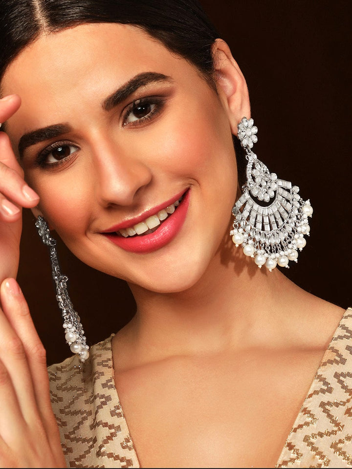 Rubans Silver Toned Mirror Studded Chandbali Earrings. Earrings