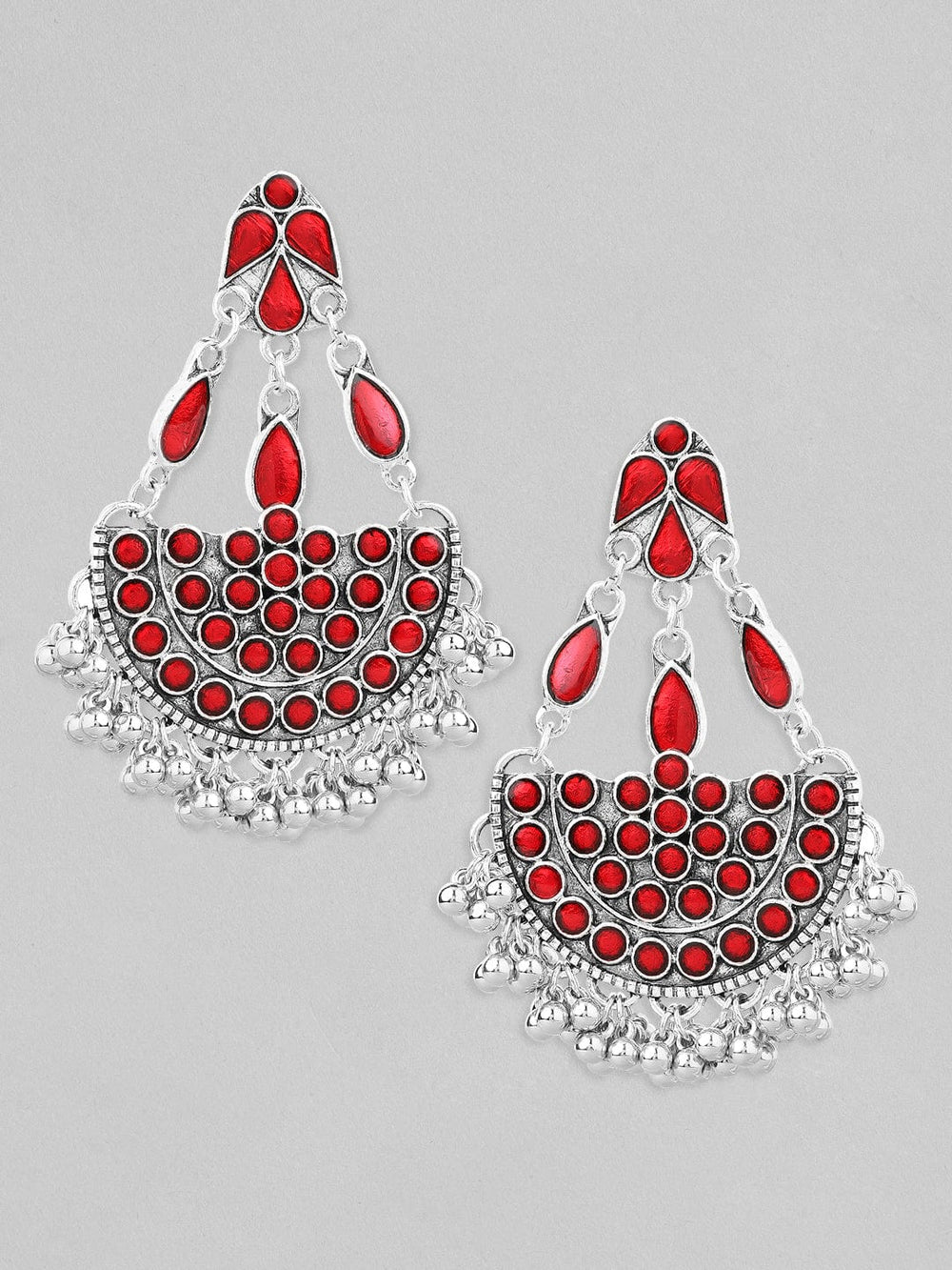 Rubans Silver-Toned  Red Stone Studded Chandbalis Earrings Earrings