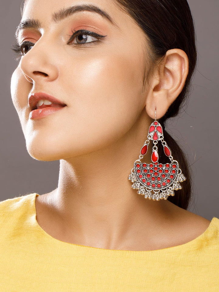 Rubans Silver-Toned  Red Stone Studded Chandbalis Earrings Earrings