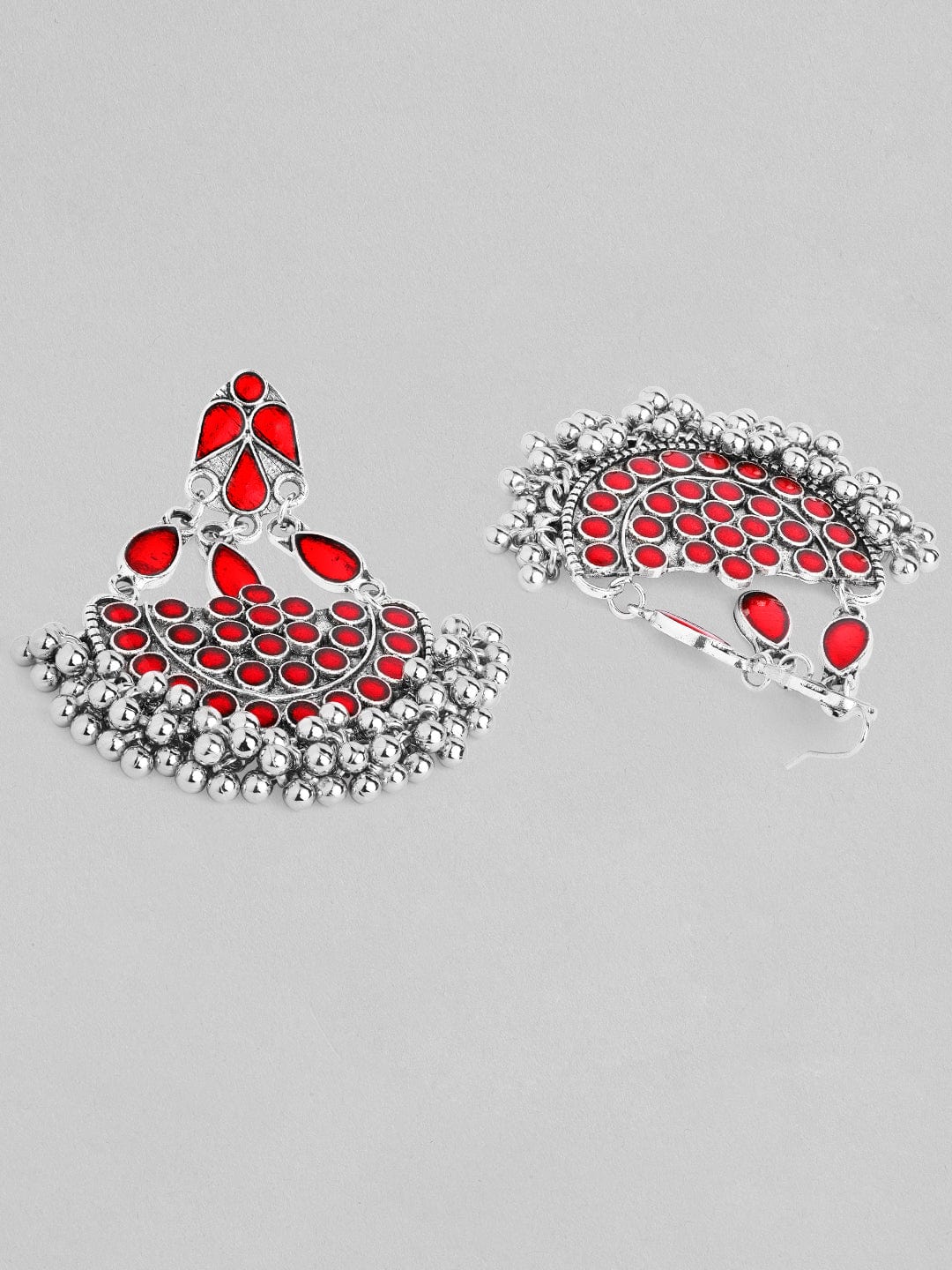 Rubans Silver-Toned  Red Stone Studded Chandbalis Earrings Earrings