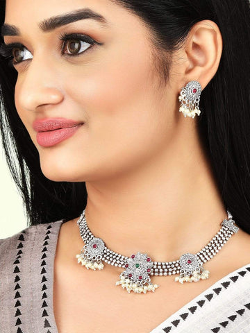 Rubans Silver-Toned  Red Stone Studded Oxidised Square Studs Earrings Earrings