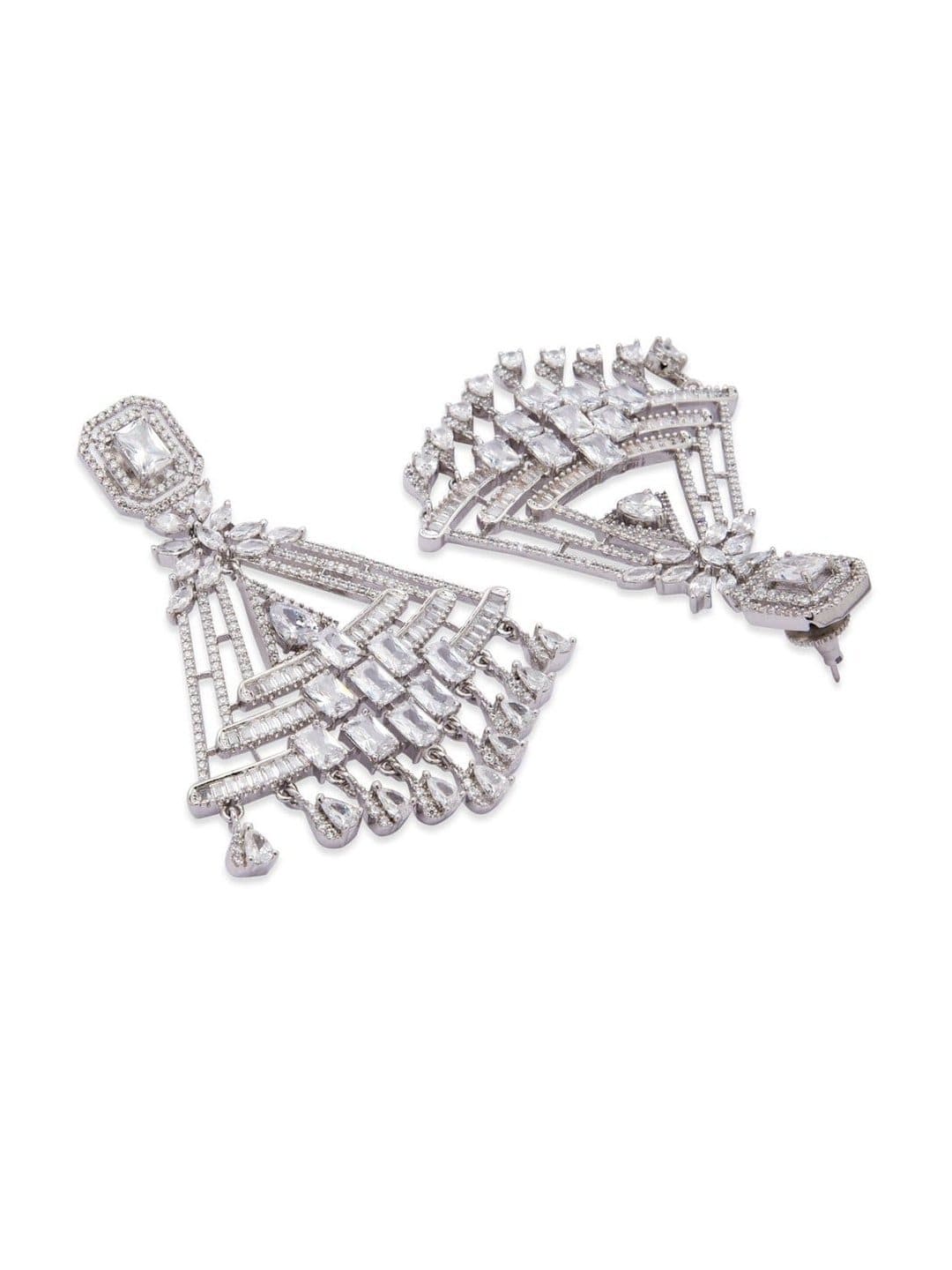 Rubans Silver Toned Zircon Studded Statement Drop Earrings Earrings