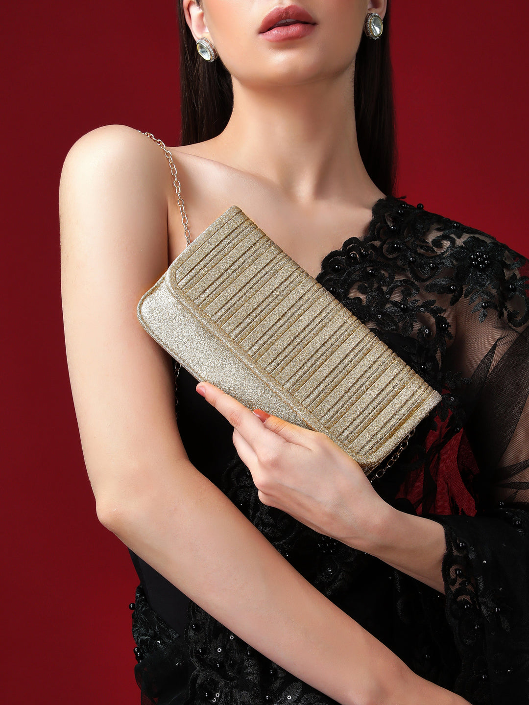 Rubans Sparkling Golden Coloured Clutch With Texture Design Handbag & Wallet Accessories