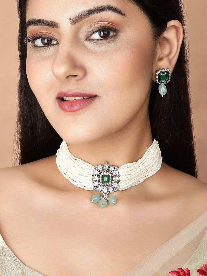 Rubans Studded Green and White Beads Choker Set. Choker