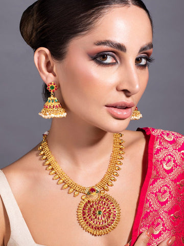 Rubans Traditional Gold Plated Faux Ruby And Emerald Studded Necklace Set Necklace Set