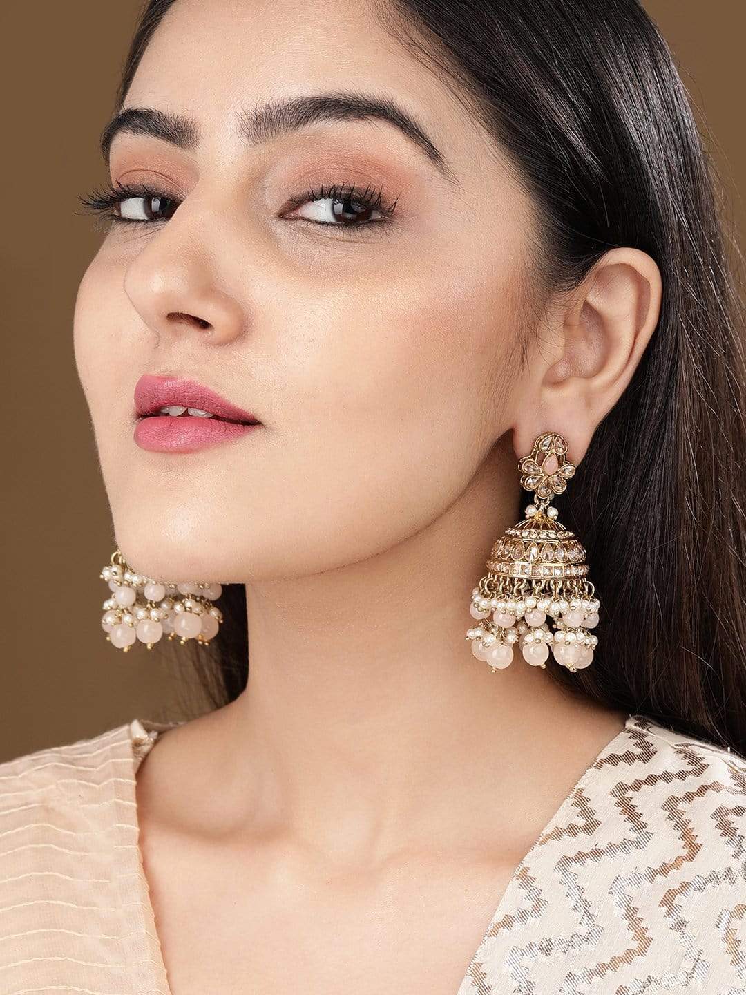 Rubans Traditional Gold Toned Jhumkas with Pearl Beads Earrings