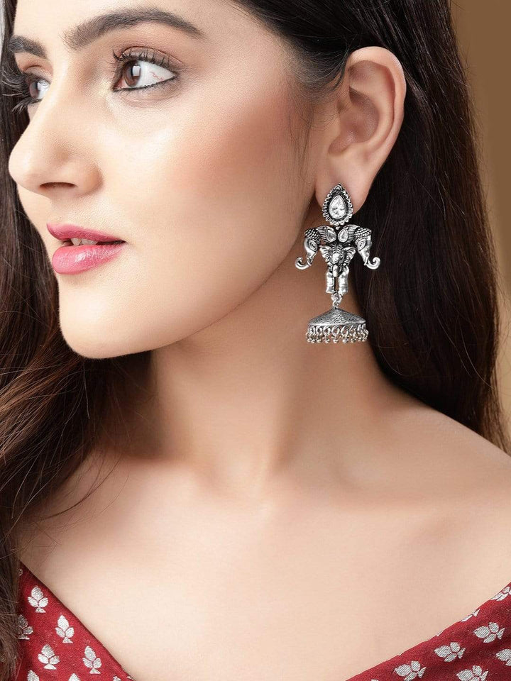 Rubans Traditional Oxidized Jhumkas With White Stone Studded Earrings