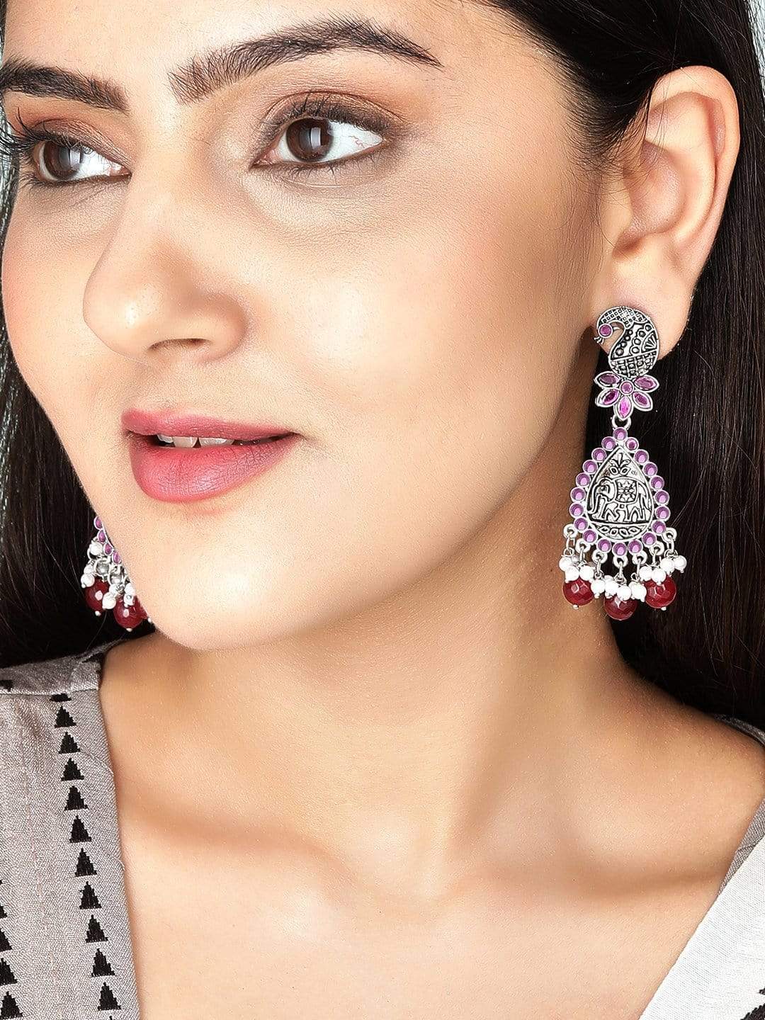 Rubans Traditional Silver Plated Pink Stone Studded Drop Earrings With Red Beads Earrings