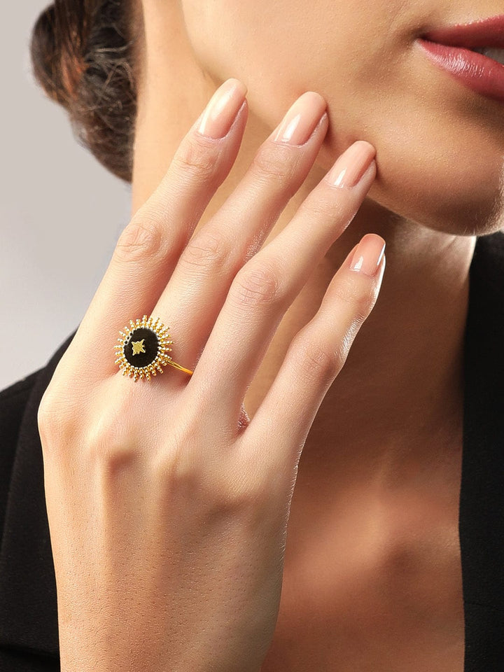 Rubans Voguish 18K Gold Plated Stainless Steel Black Enamel With Star Ring. Rings