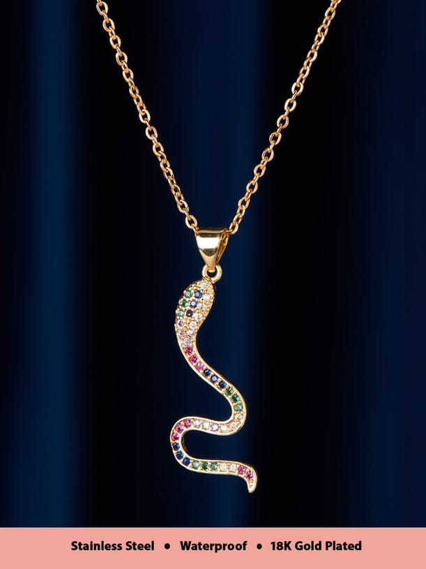 Rubans Voguish 18K Gold Plated Stainless Steel Waterproof Chain With Multicolour Zircons Studded Serpent Pendant . Chain & Necklaces