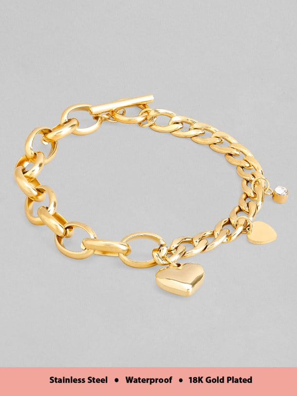 Rubans Voguish 18K Gold Plated Stainless Steel Waterproof Dual Txtured Chain With Heart Charms. Bangles & Bracelets