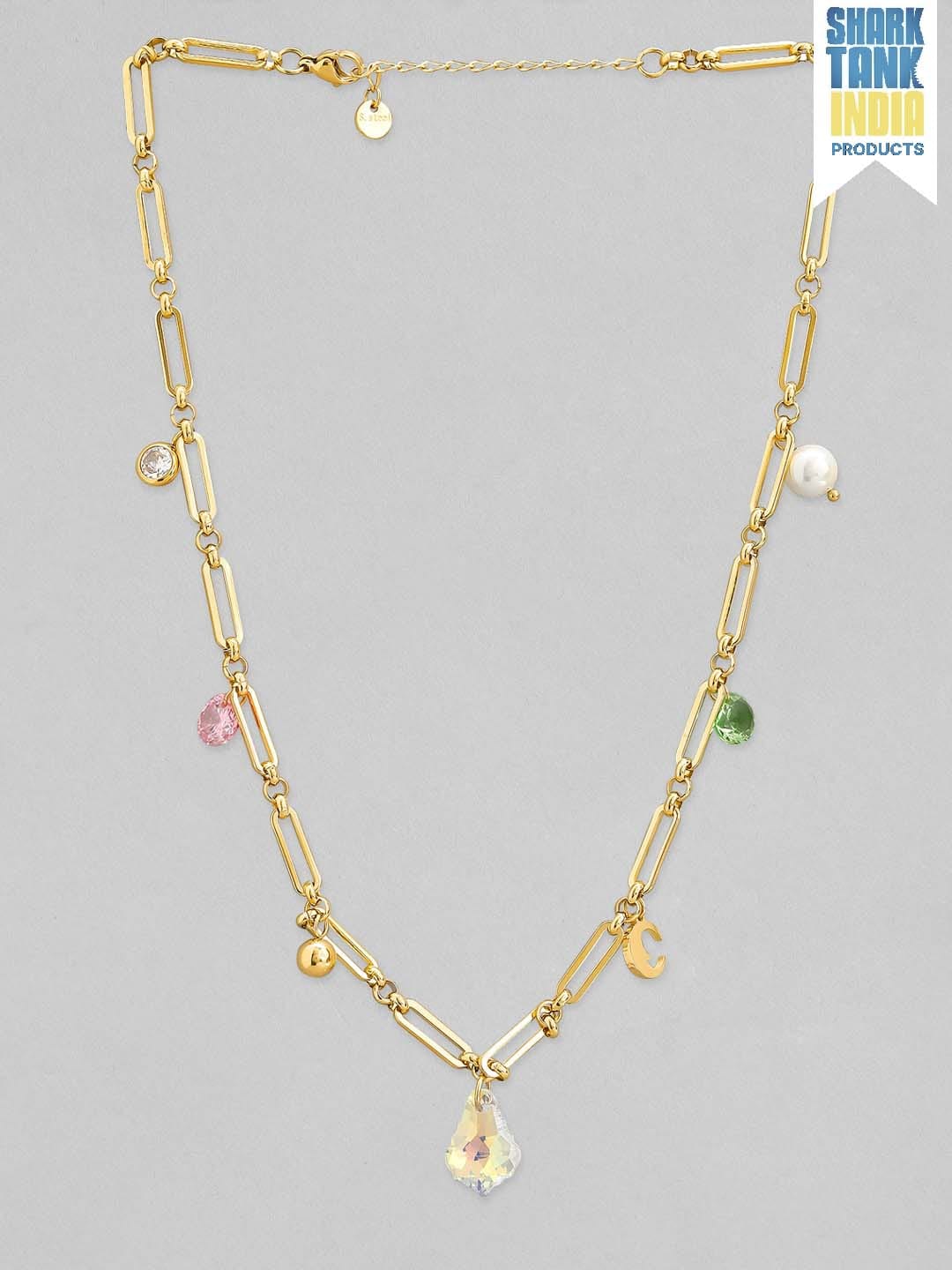Rubans Voguish 18K Gold Plated Stainless Steel Waterproof Paperclip Chain With Multicolour Zircon Charms Chain & Necklaces