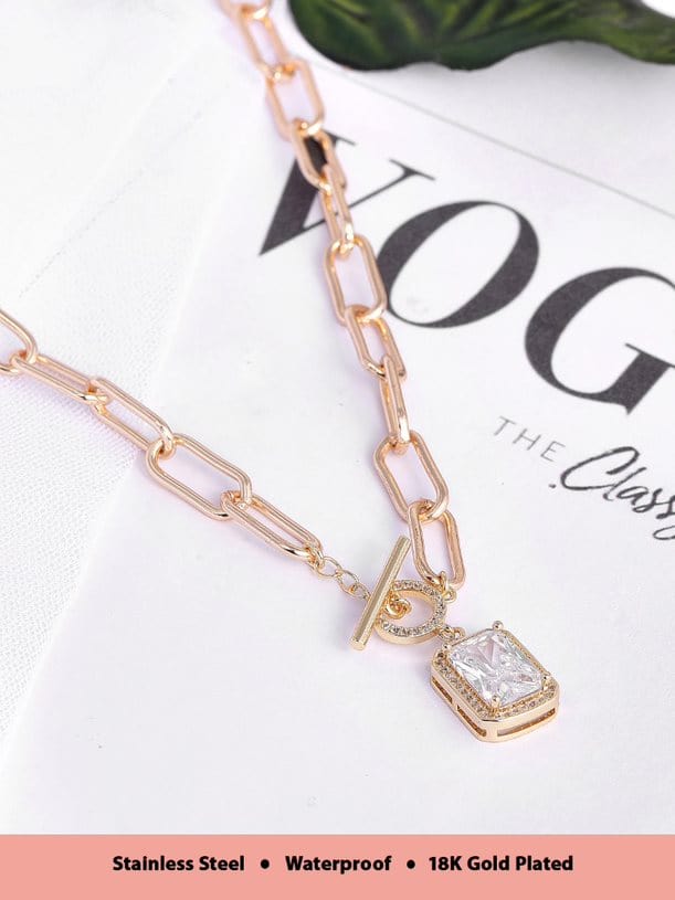 Rubans Voguish 18K Gold Plated Stainless Steel Waterproof Paperclip Chain With Zircon Studded Pendant. Chain & Necklaces