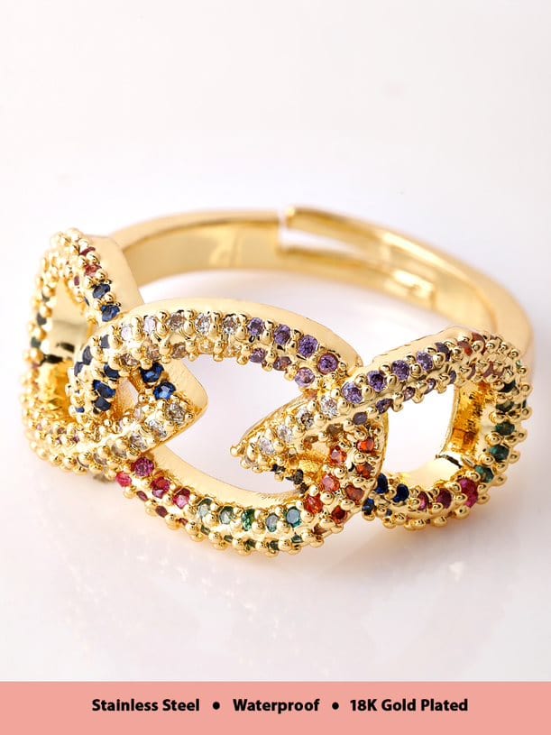 Rubans Voguish 18K Gold Plated Stainless Steel Waterproof Ring With Multicolour Zircons Studded. Rings