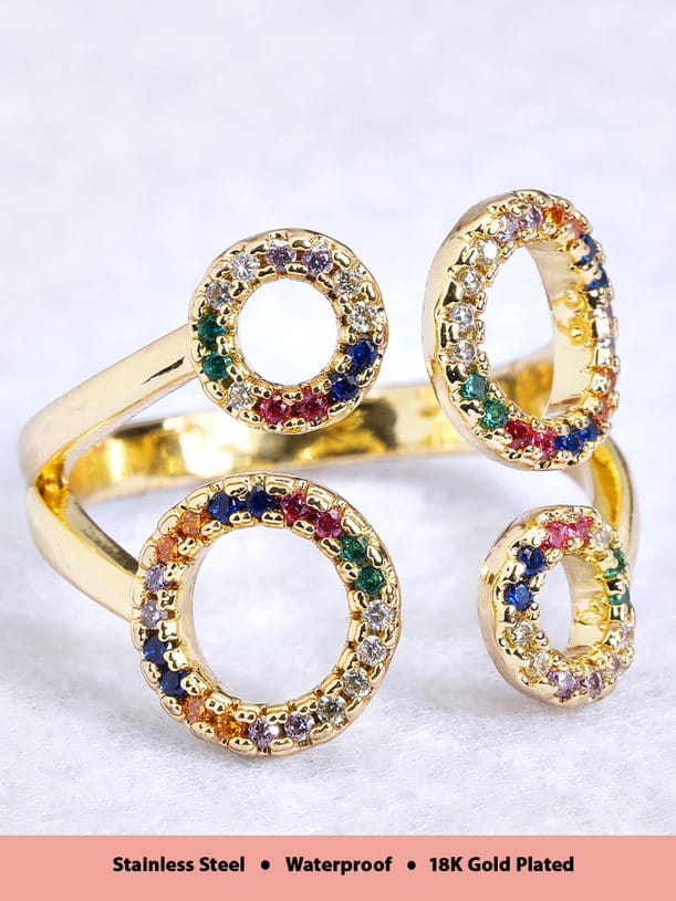 Rubans Voguish 18K Gold Plated Stainless Steel Waterproof With Multicoloured Zircons Contemporary Ring. Rings