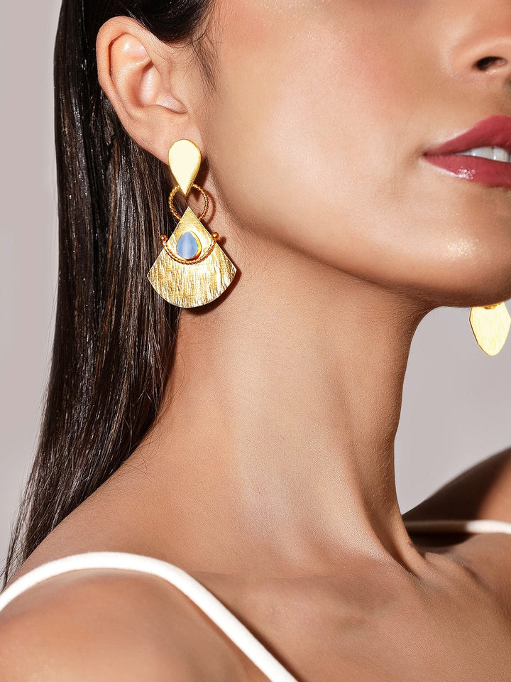 Rubans Voguish 24k Gold Plated Drop Earrings With Blue Stone & Textured Design Earrings