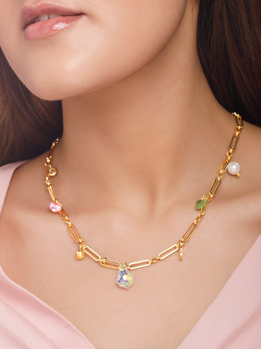 Rubans Voguish 24k Gold-Plated Multi-Coloured Stone Studded Handcrafted Chain Necklace Necklace
