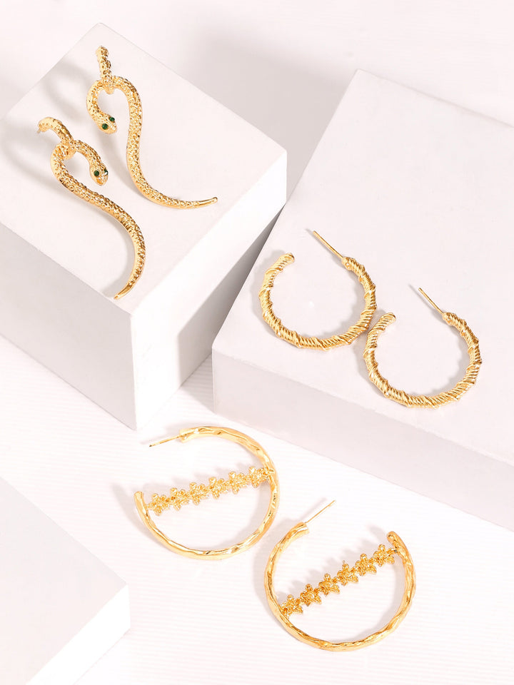 Rubans Voguish A Set of 3 Gold Toned Hoop & Drop Earrings Earrings