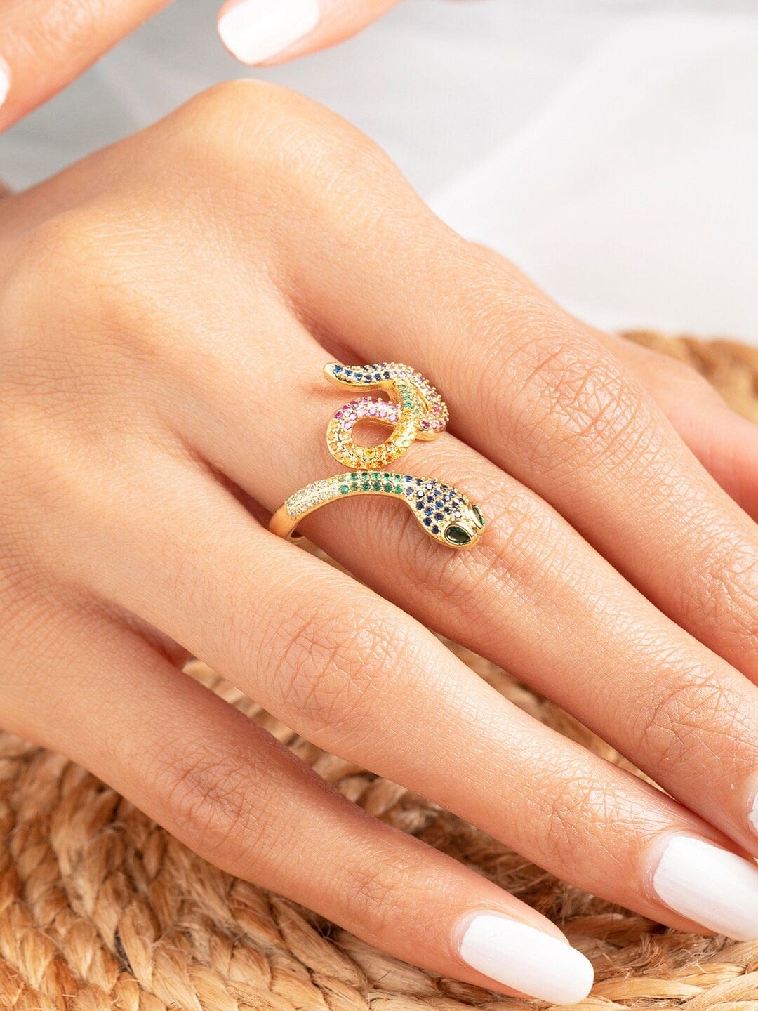 Rubans Voguish Gold Plated Pink, Green & White Stone Studded Snake Shaped Party Wear Ring. Rings