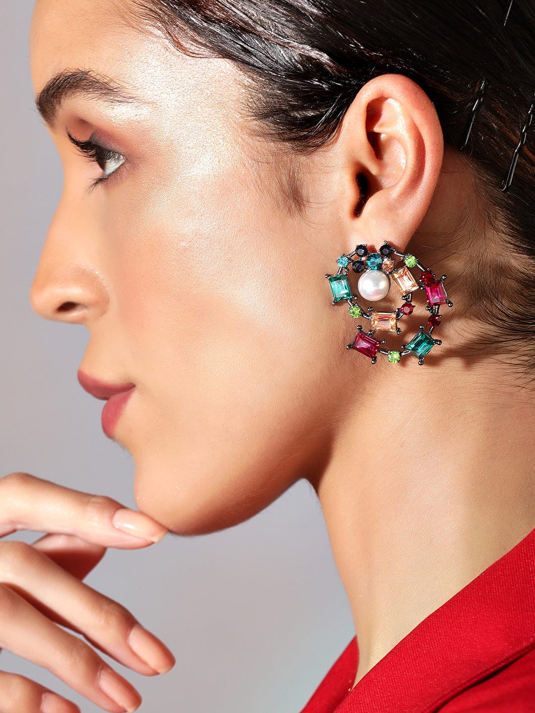 Rubans Voguish Multi colored stone studded pearl studs. Earrings